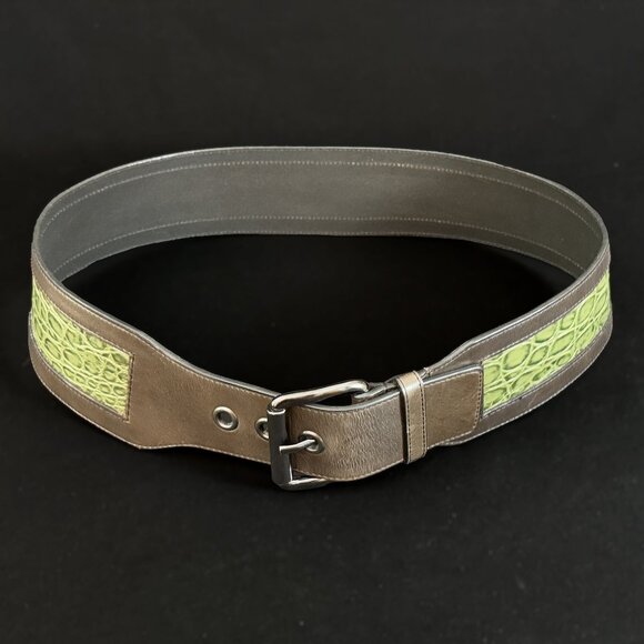 Vtg 1980s Carlisle Wide Leather Belt Brown w/ Alligator Embossed Leather Inset